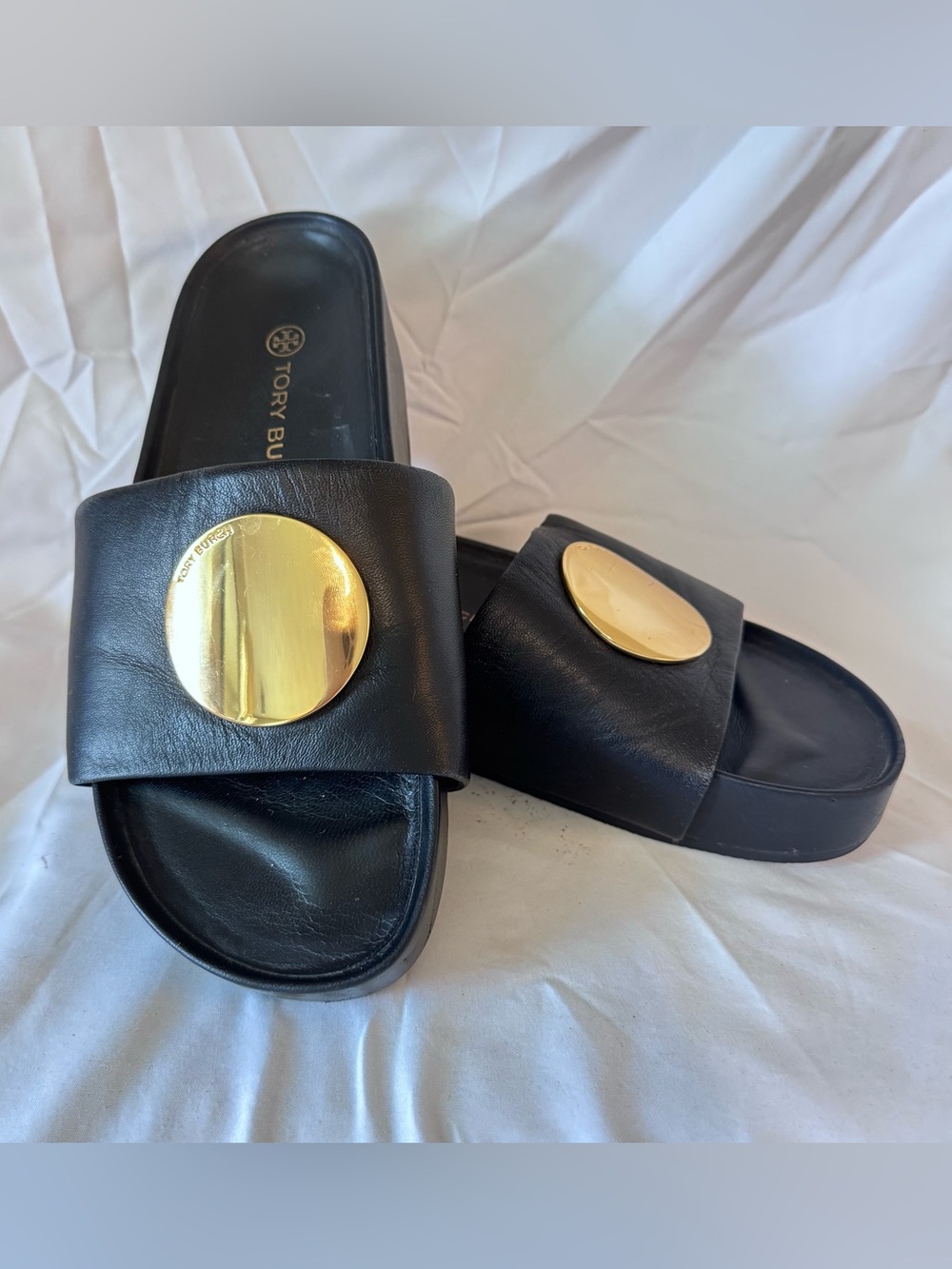 TORY BURCH Patos Nappa Leather Slide Sandals in Perfect Black Size 8M NWOB 1.5”